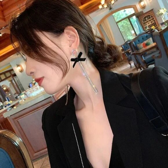 Long Rhinestone Drop Velvet Bow Earrings - Picture 3 of 5